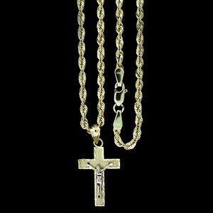 10K Real Gold Rope Chain and Cross Pendant Set